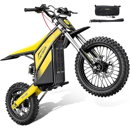 Heybike Villain Electric Dirt Bike, 4160W E Dirt Bike with 52V 26AH Battery, 14"/12" Fat Tire Electric Motorcycle for Teens & Adults, Up to 45MPH Ebike (with Crossbody Bag; Daffodil Yellow)
