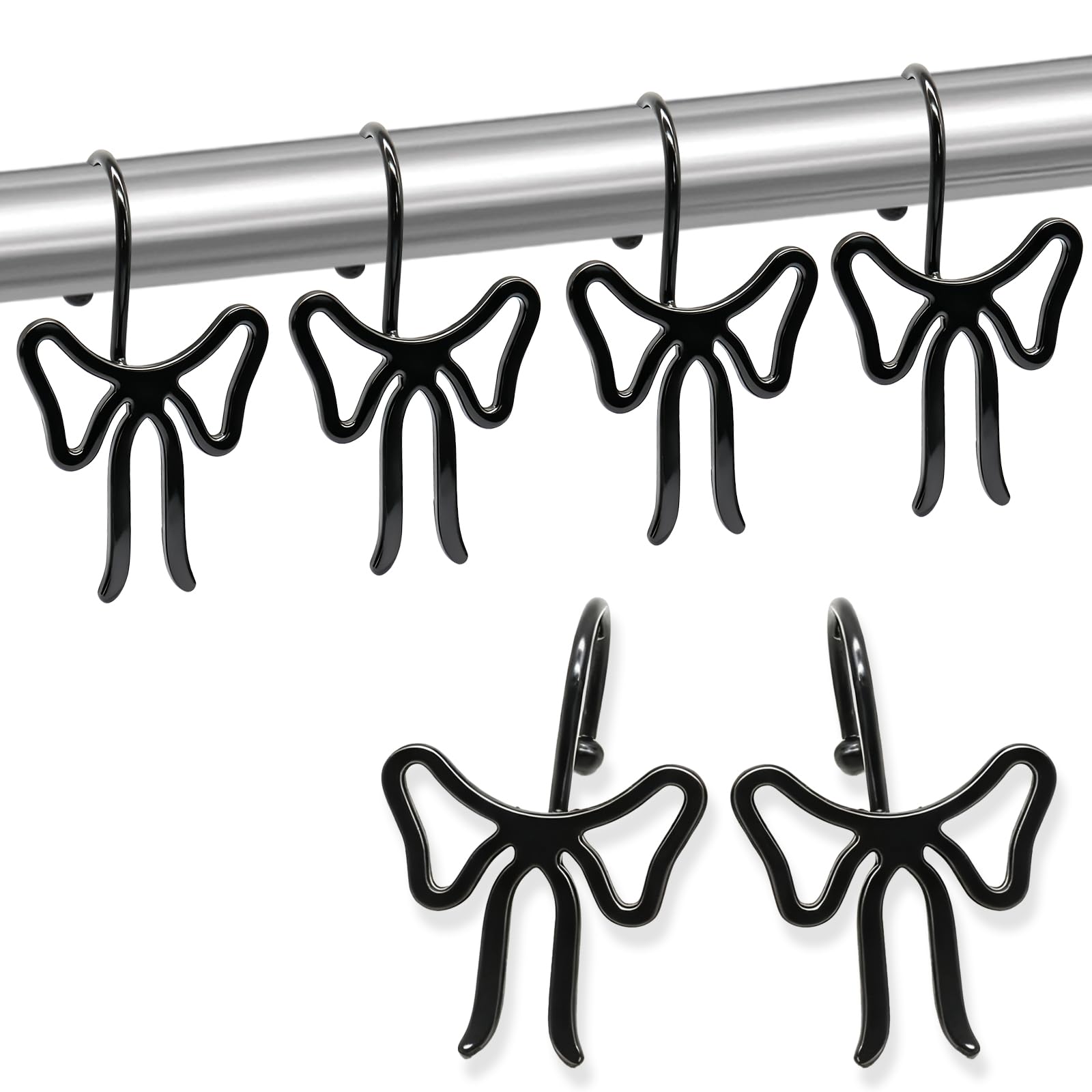 Bow Decorative Shower Curtain Hooks, Bowknot Shower Curtain Rings, Modern Bow Shower Curtain Hangers, 12PCS Shower Hooks for Shower Curtain, Home Decor, Bathroom, Bedroom, Living Room (Big-Black)