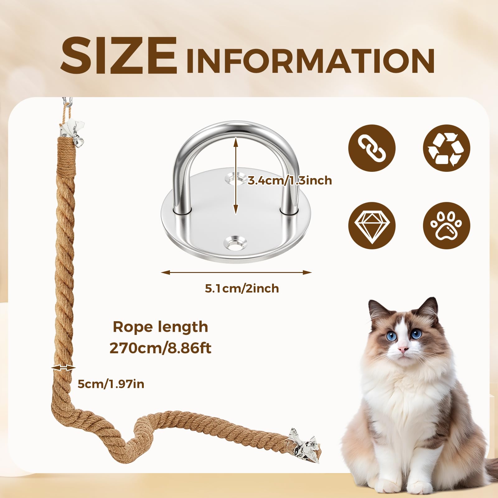 Weysat Katzenkletter-Juteseil mit Haken, Deckenmontage, Kätzchen, Kratzbaum, Kletterseil, Spielzeug für drinnen und draußen, 5 cm x 2,7 m