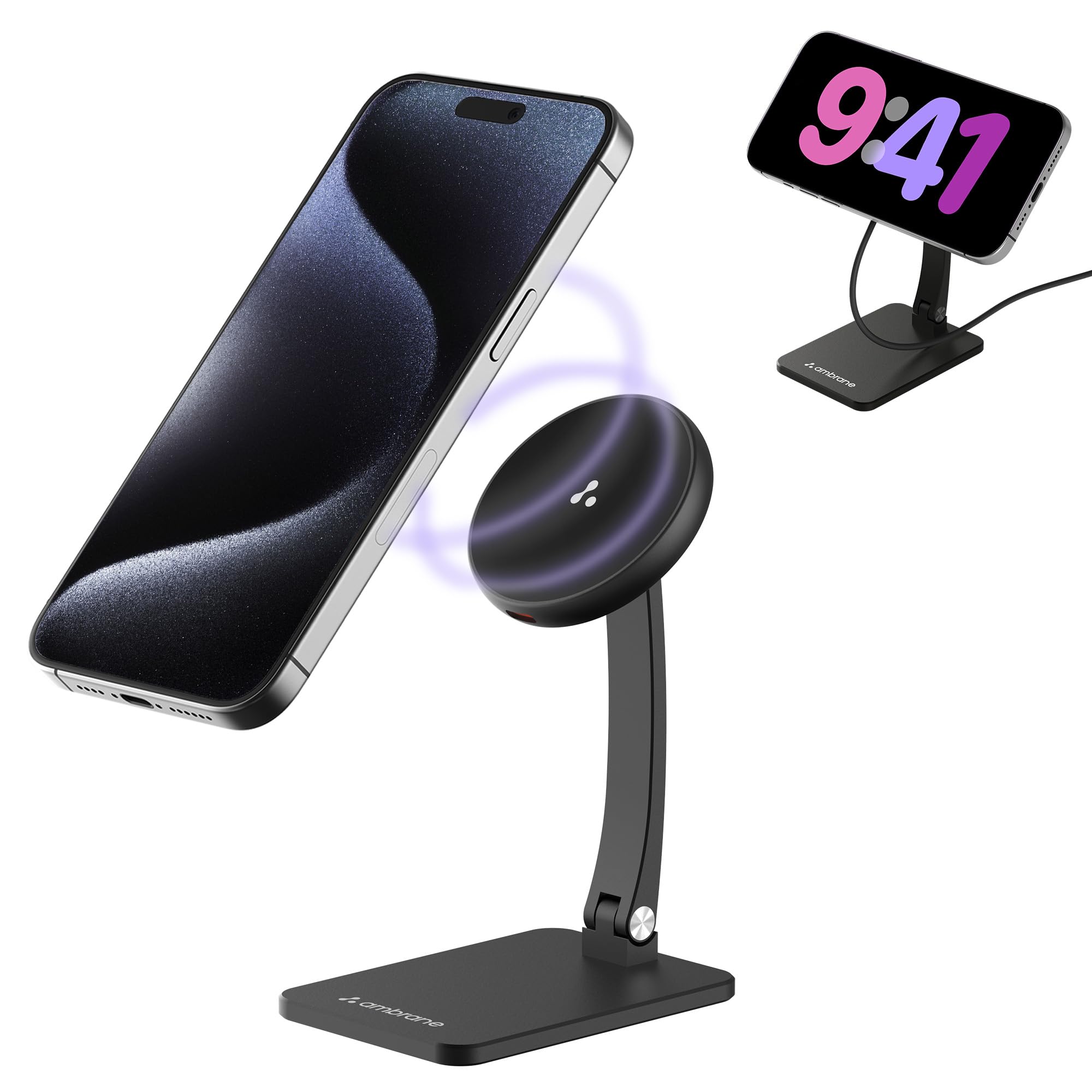 Ambrane Qi2 & Magsafe 15W Wireless Charger with Premium Metal Mobile Stand, Latest Qi2 for iPhone 12/13/14 15/16 All Series & Other Wireless Devices, Foldable + Free Magnetic Ring (AerosynQ S1, Black) (B0DB5GTDZS) Amazon Price History, Amazon Price Tracker
