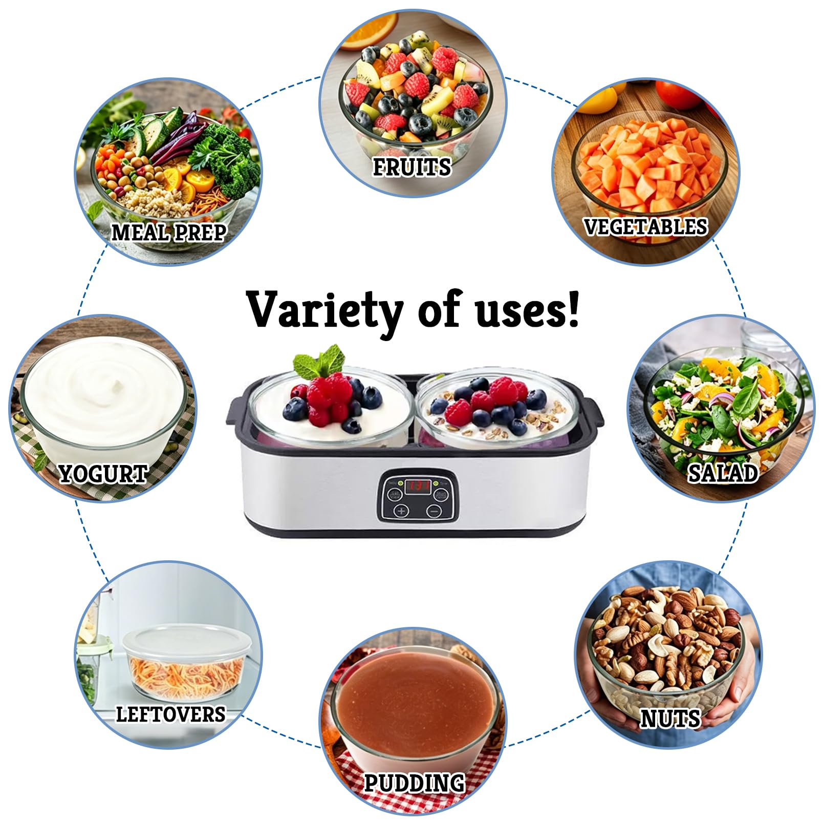 Yogurtera de 2 litros, máquina de yogur con 2 recipientes de cristal | 1000 ml, temperatura ajustable 20 – 55 °C, temporizador 48 H, máquina automática para yogur, productos lácteos, queso