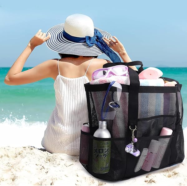 MUNKST, grande borsa tote in rete da piscina, borsa da spiaggia da donna con tasca impermeabile con cerniera, borsa essenziale per le vacanze estive, borsa da viaggio in famiglia - 2
