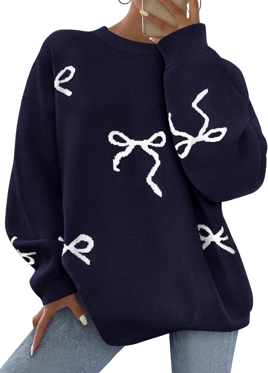 PRETTYGARDEN Fall Long Sleeve Pullover Sweaters for Women 2025 Trendy Crewneck Casual Cute Bow Chunky Knit Oversized Sweater
