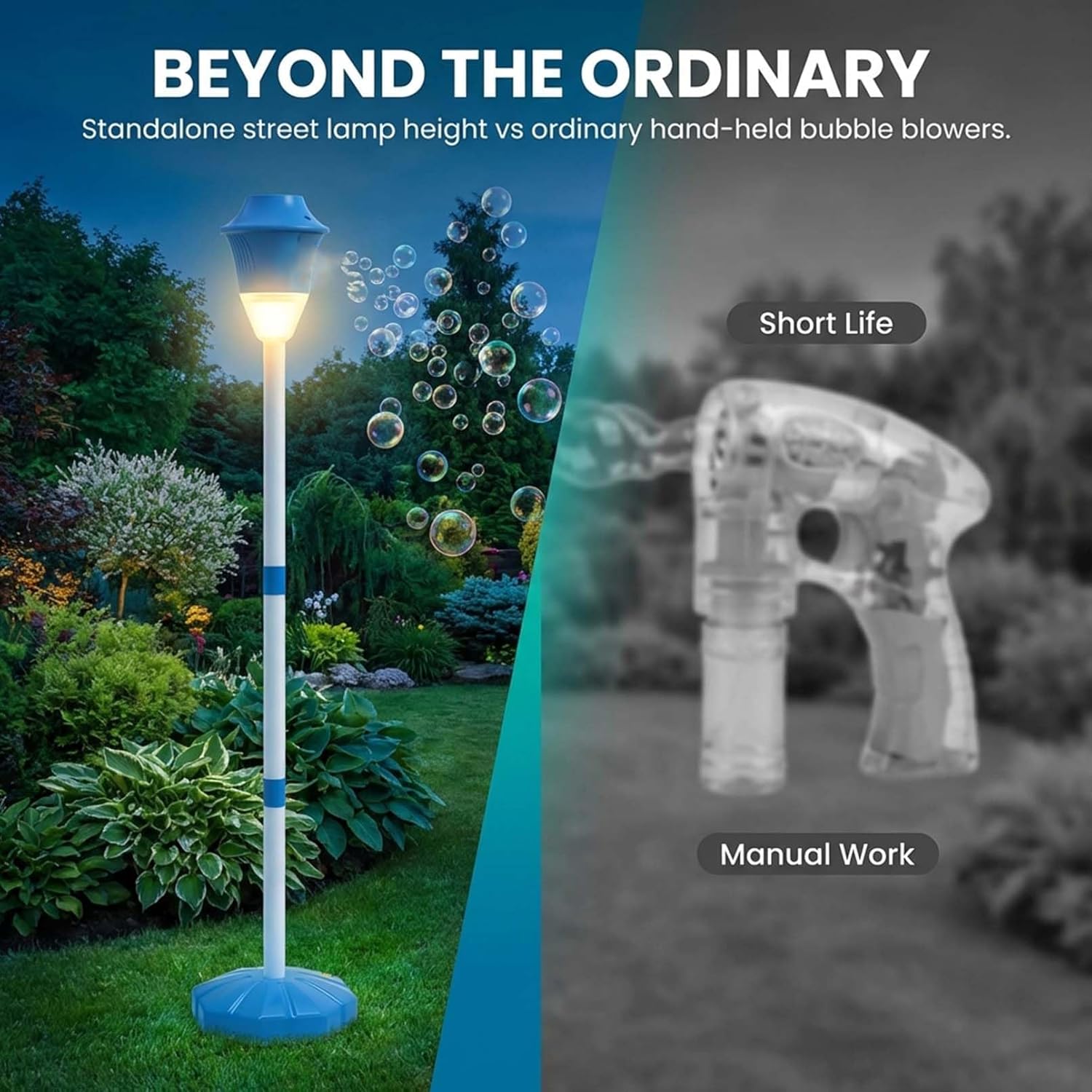 【Cherry Red + Ocean Blue】 Bubble Machine - Automatic Bubble Maker Torch with Adjustable Height Up to 47 Inche with LED Lights & Music for Birthday Party Garden Yard