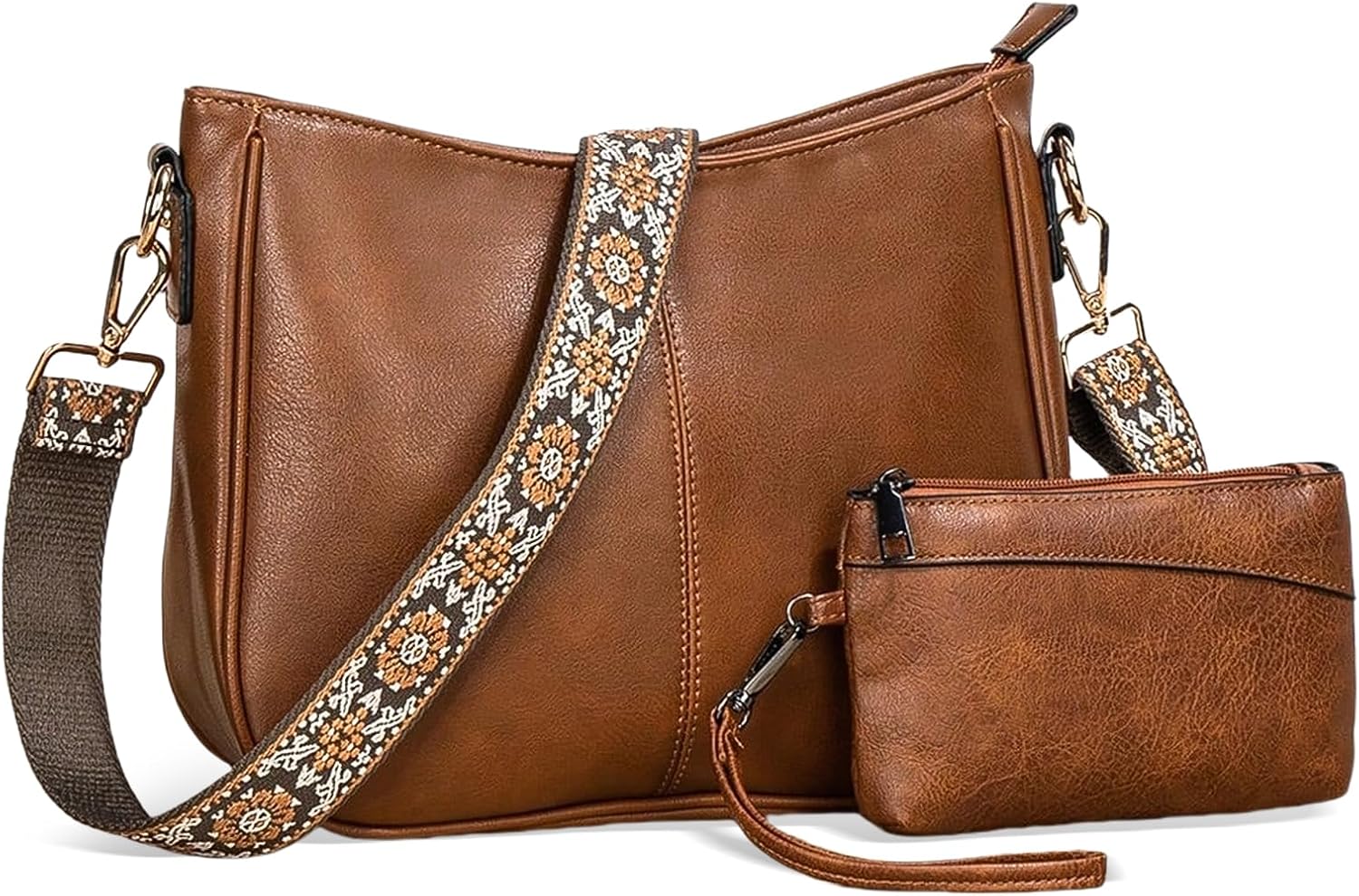 Crossbody Bags for Women, Vegan Leather Hobo Bag, Crossbody Purse with Guitar Strap, Tote Handbag with Wallet Purses Set