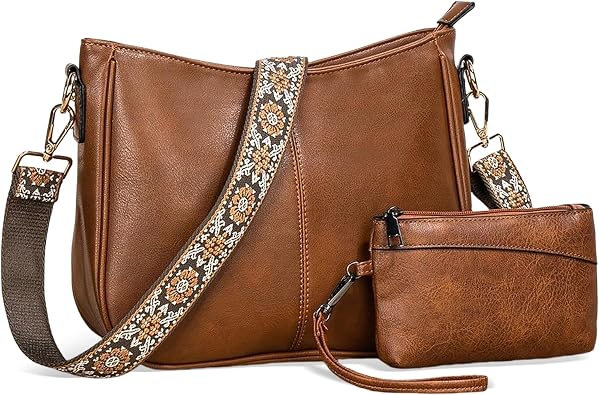 Crossbody Bags for Women, Vegan Leather Hobo Bag, Crossbody Purse with Guitar Strap, Tote Handbag with Wallet Purses Set