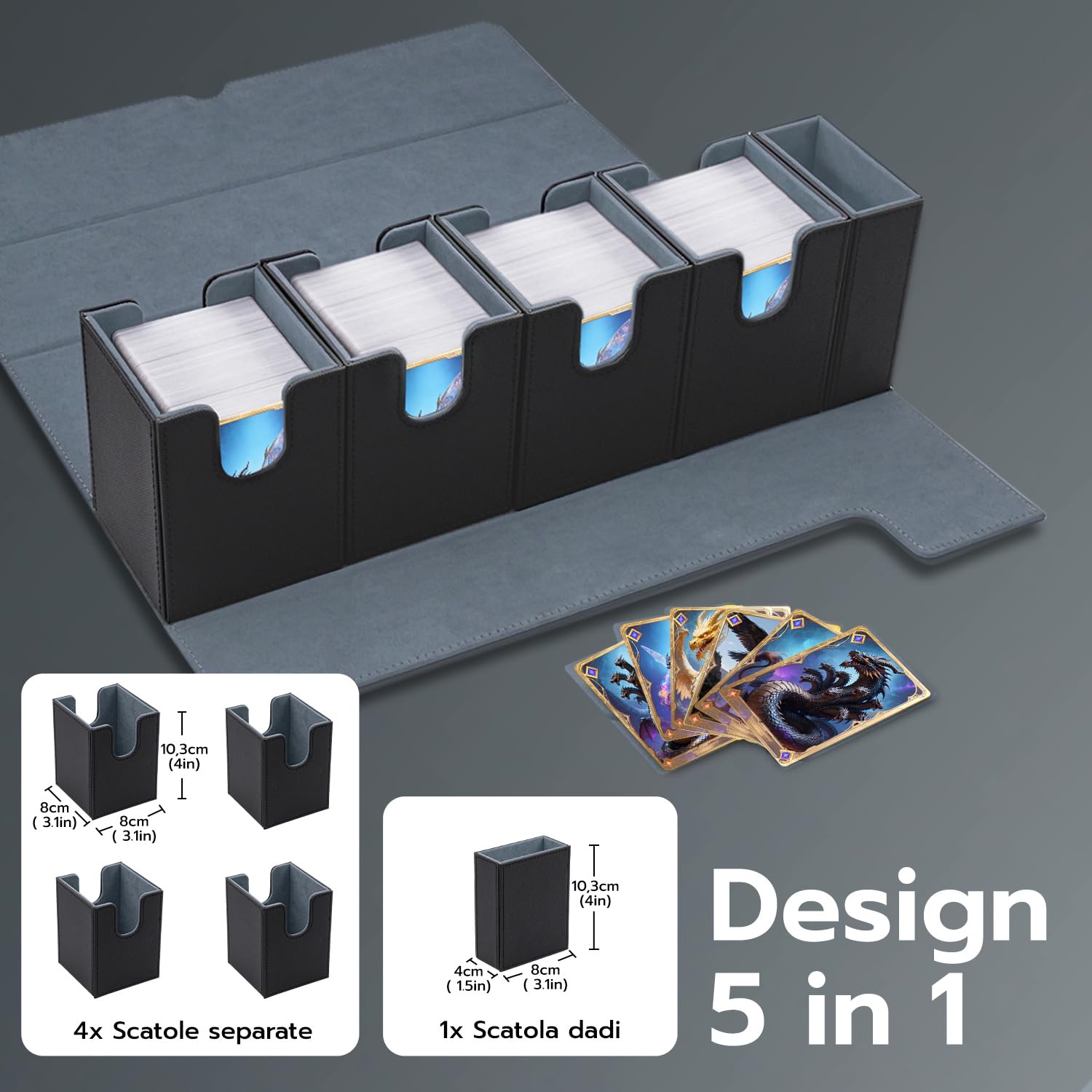 5 in 1 Box Porta Mazzo per Carte MTG Capacità di 800+ Senza Maniche Carte con Dice Tray, Magnetic Flip Deck Box per le Carte di Magic Commander TCG-Nero