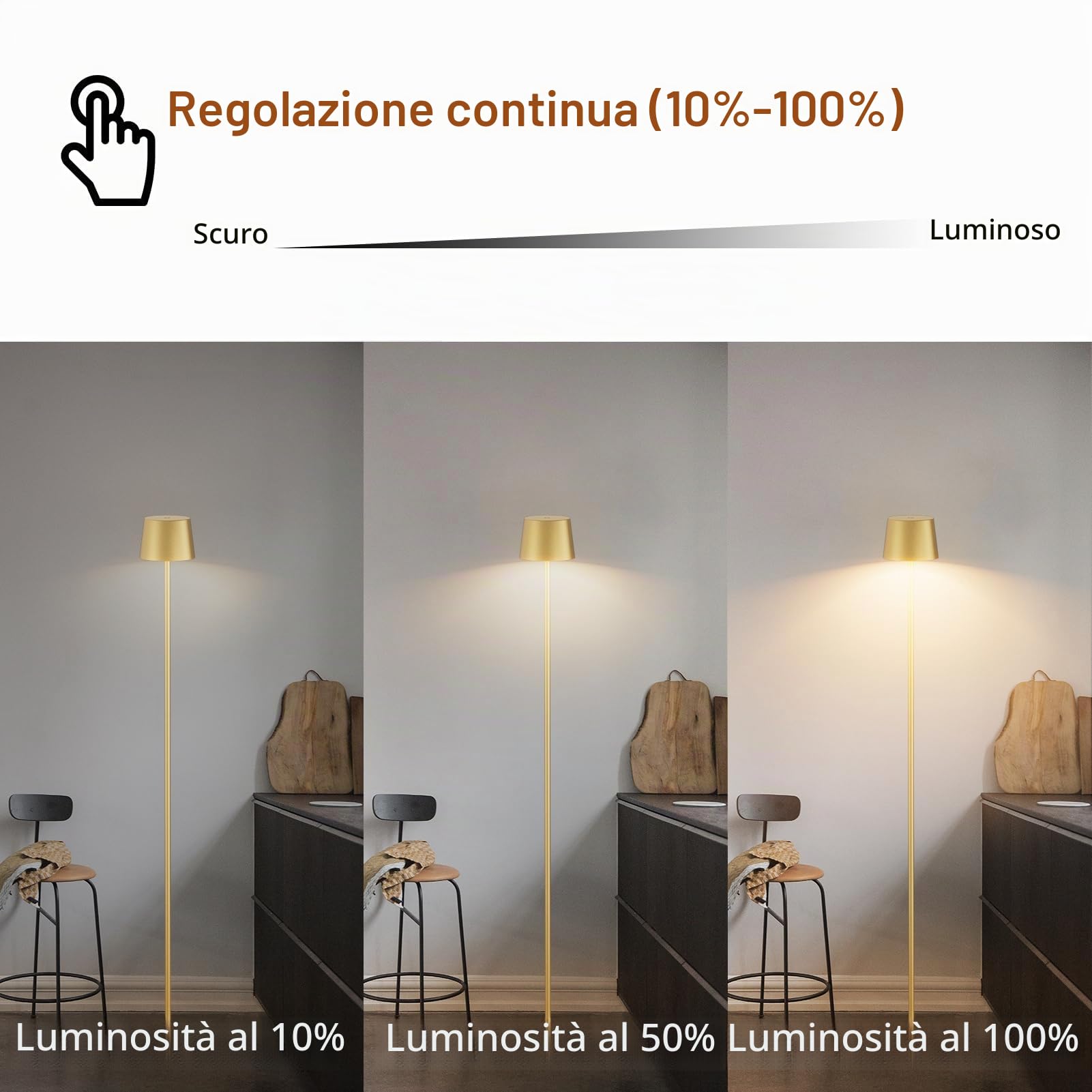K-Bright Lampada da terra a LED, 4 W, dimmabile, con controllo touch, in metallo e alluminio, adatta per soggiorno, camera da letto, ufficio, illuminazione aggiuntiva (oro)