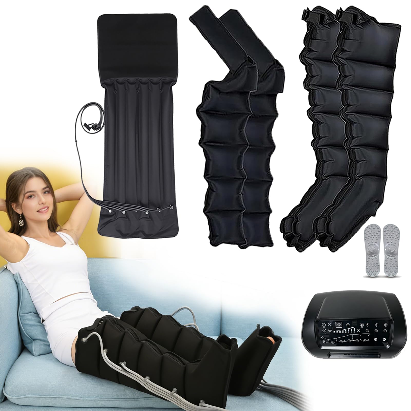 Vanenferse Black 6 Cavity Pressotherapy Boots Leg Foot Massager, Electric Air Compression Massager Machine, Pressotherapy And Lymphatic Drainage, For Pain And Circulation, 6 Modes