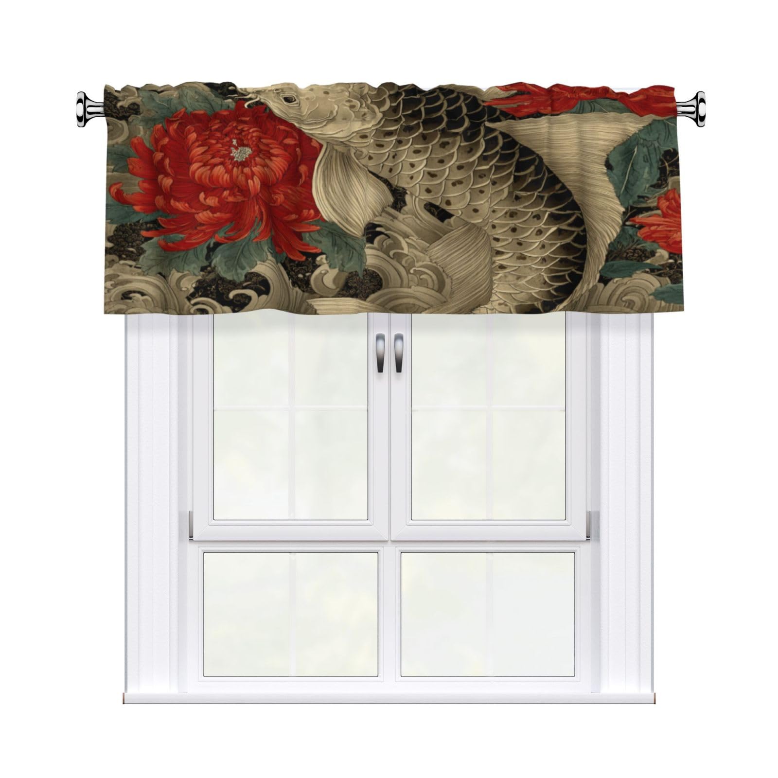 Woshuwo Japanese Black Fish Red Chrysanthemum Flowers Valances For Windows Rod Pocket Window Treatment Short Curtains For Kitchen Living Room Bedroom Decor 54x18in