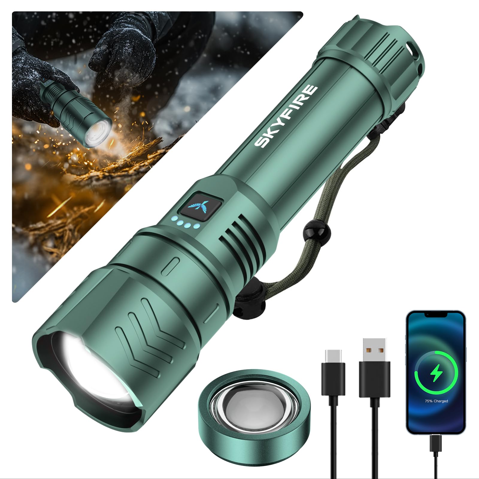 SKYFIRE Lampes de poche LED haute luminosité avec lentille d'allumage, lampe de poche rechargeable super lumineuse, zoomable, quatre modes, lampe torche tactique étanche pour le camping, l'extérieur
