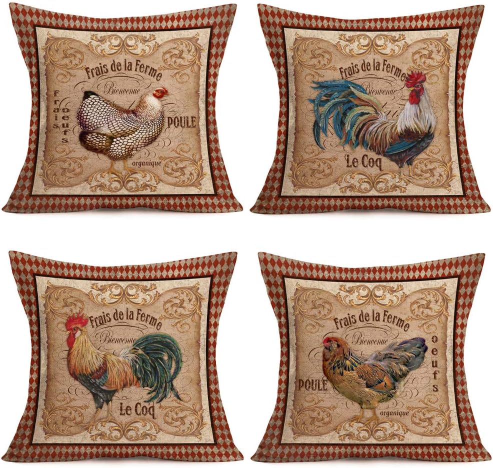 Fukeen Vintage Farm Rooster Hen Throw Pillow Covers French Lecoq and Poule Quotes Design Set of 4 Cotton Linen Cushion Cases Organic Chicken Rural Farmhouse Couch Decor Pillowcase 18โ x 18โ