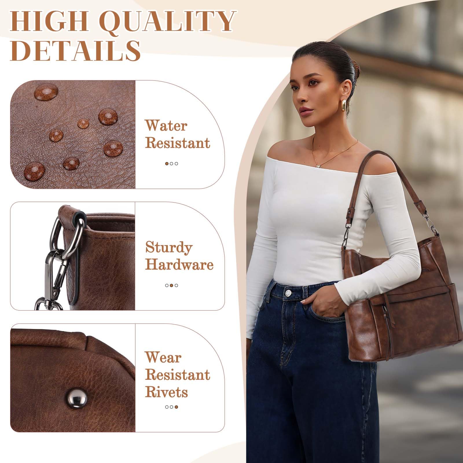 VASCHY Torba hobo dla kobiet, średnia wegańska skórzana torebka na ramię, portfel, zestaw, torba na ramię z paskiem do gitary crossbody,