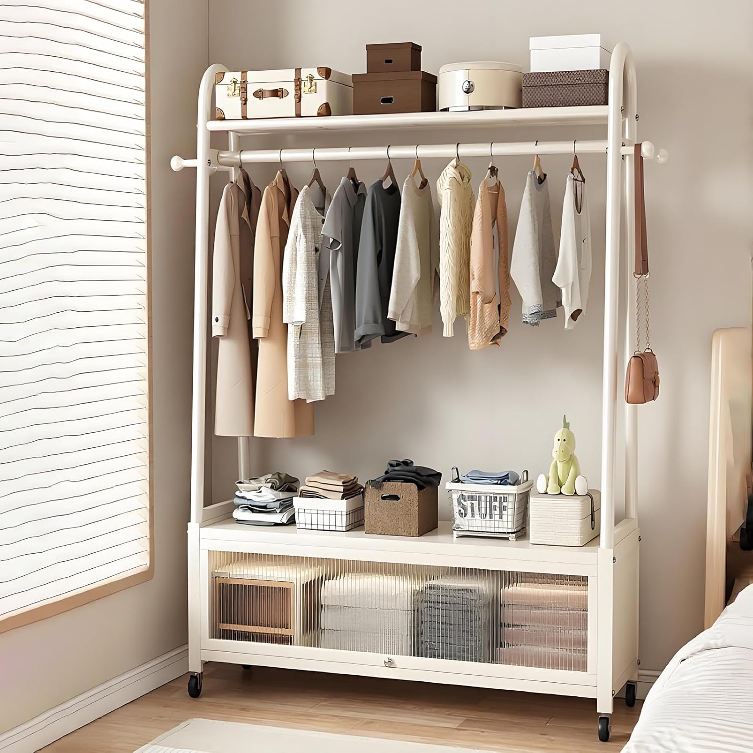 Freestanding Clothes Rack with Storage Cabinet, Metal Garment Organizer with Wheels & Hooks, Portable Closet Rack with Shelves, for Bedroom, Laundry, Living Room Cream White (39.4×13.4×67.3 in)