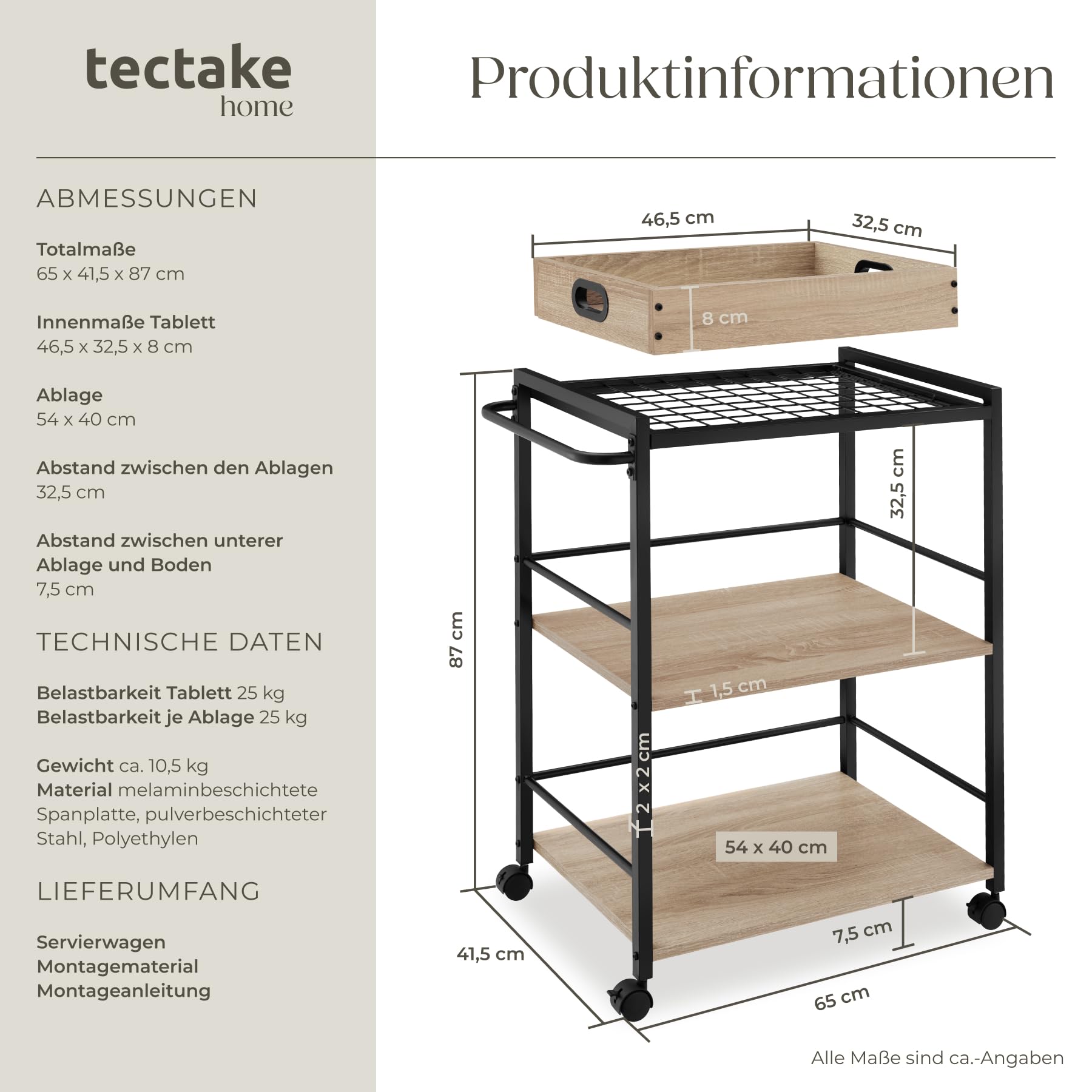 tectake® Servierwagen mit Rollen, abnehmbares Tablett, Kitchen Trolley 65 x 41,5 x 87 cm, Küchenwagen mit Rollen, Rollwagen Küche mit 2 Ablagen, Bastelwagen, Industrial Holz hell, Eiche Sonoma