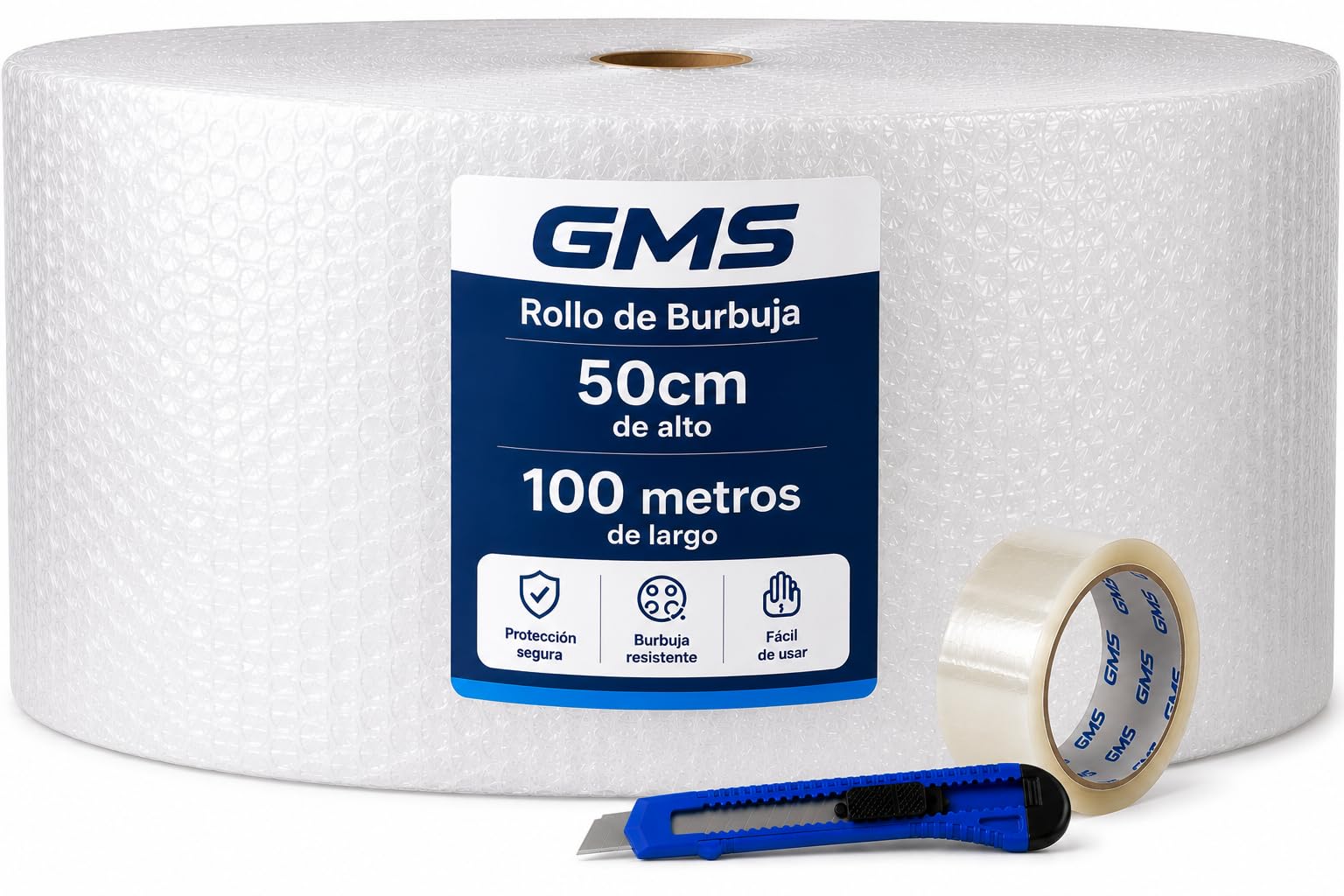 GMS - Rollo Burbuja 50cm x 100m + Cutter + precinto - Rollo Burbuja Mudanza - Rollo Burbuja Embalaje - Burbuja Mudanza, Envio y Embalaje - Papel Burbuja (50cm x 100m+Cutter+Precinto)