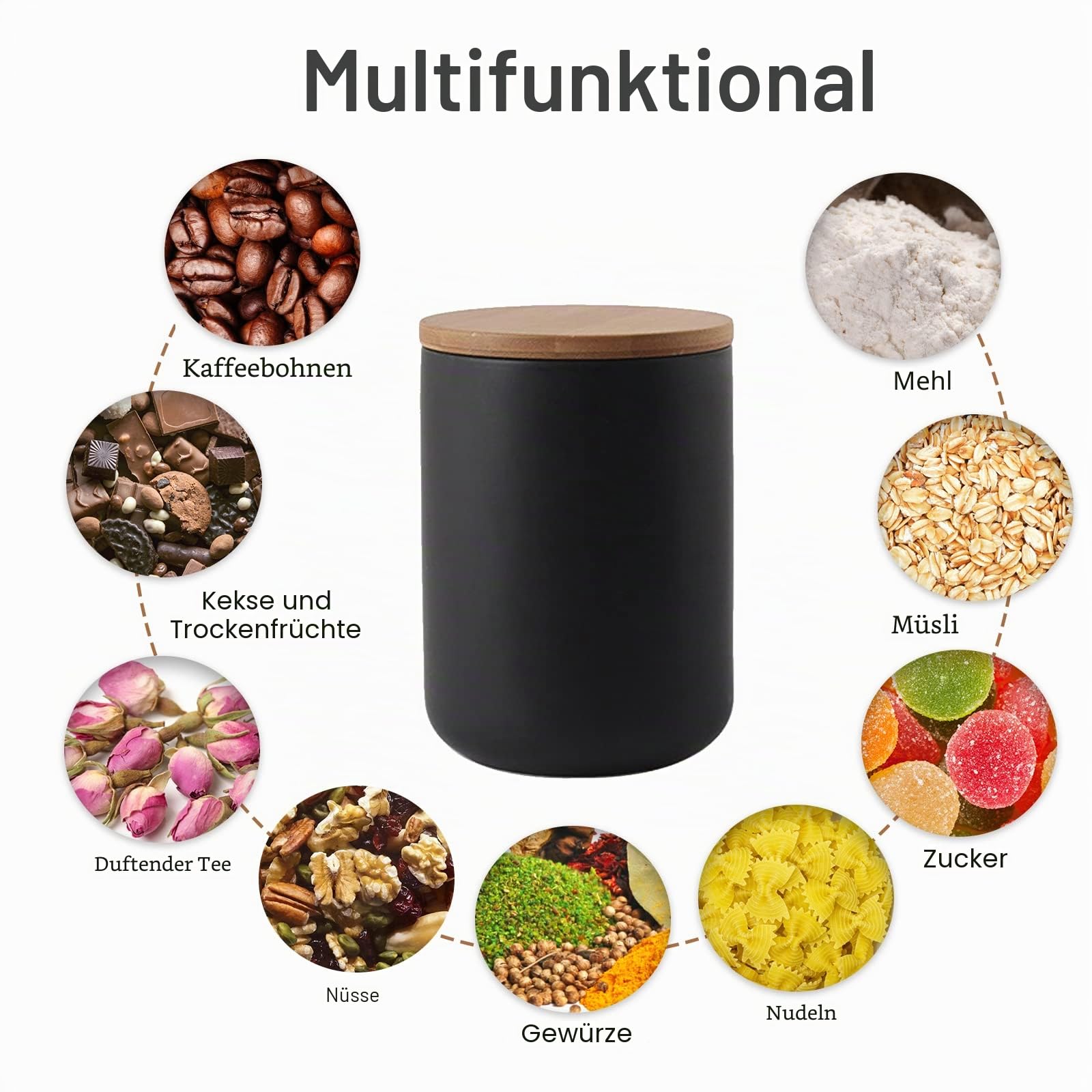 Frischhaltedose in modernem Design mit luftdichtem Holzdeckel, Keramik-Frischhaltedose, Frischhaltedose für Kaffee, Zucker, Tee, Gewürze usw. (Schwarz, 260 ml)