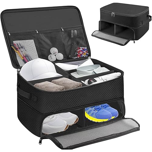 Golf Trunk Organizer, 2 Layer Golf Storage Bag, Waterproof Car Golfer Organizers with Ventilation Compartment for 2 Pairs Shoes, Balls, Clothes, Tees, Gloves, Accessories, Gifts for Men Women