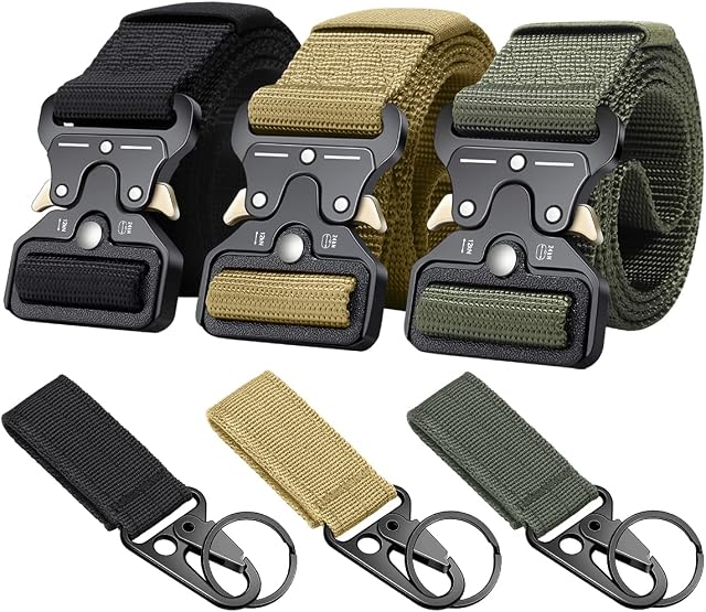 Ginwee 3-Pack Tactical Belt,Military Style Belt, Riggers Belts for Men, Heavy-Duty Quick-Release Metal Buckle with extra Molle Key Ring Holder Gears