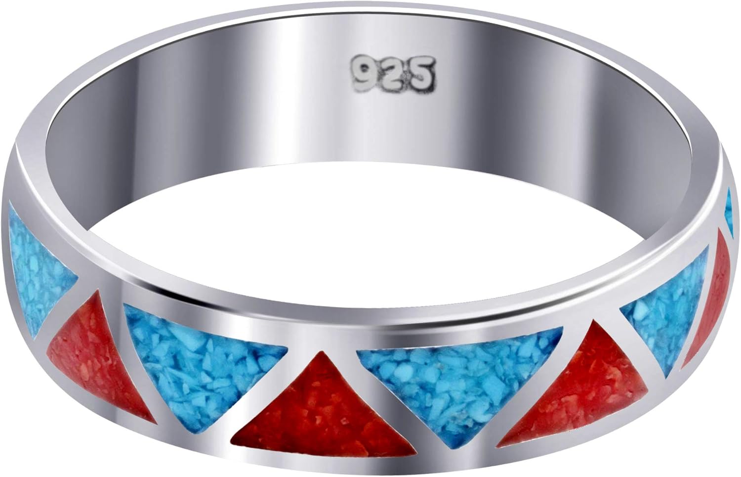 Southwestern Style Turquoise and Coral Gemstone 6mm Wedding Band Sterling Silver Unisex Ring 12