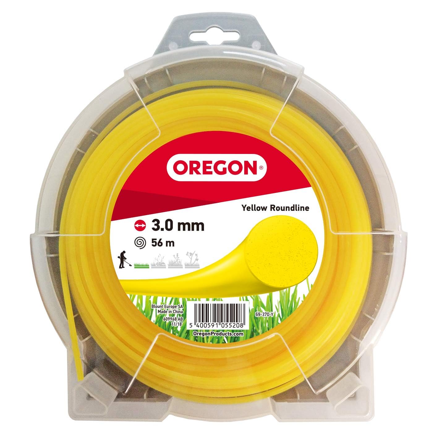 Fil de débroussailleuse Oregon Jaune Rond 3mm, Coupe herbes hautes, mauvaises herbes, végétation dense, Fil nylon haute résistance, compatible avec modèles standards, 3.0mm x 56m (69-​370-​Y)