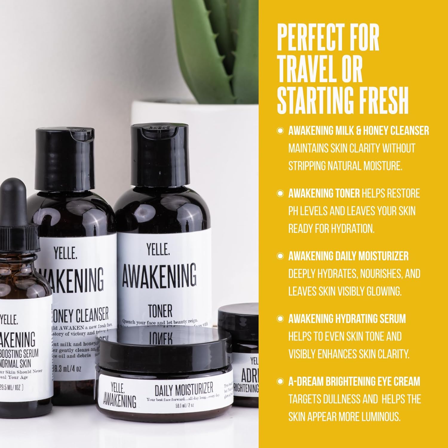 Yelle. Skincare – Complete Skincare System – 5-Piece Travel Kit for Hydration, Brightening, and Skin Balance – Includes Cleanser, Toner, Moisturizer, Serum & Eye Cream – For Dry Skin