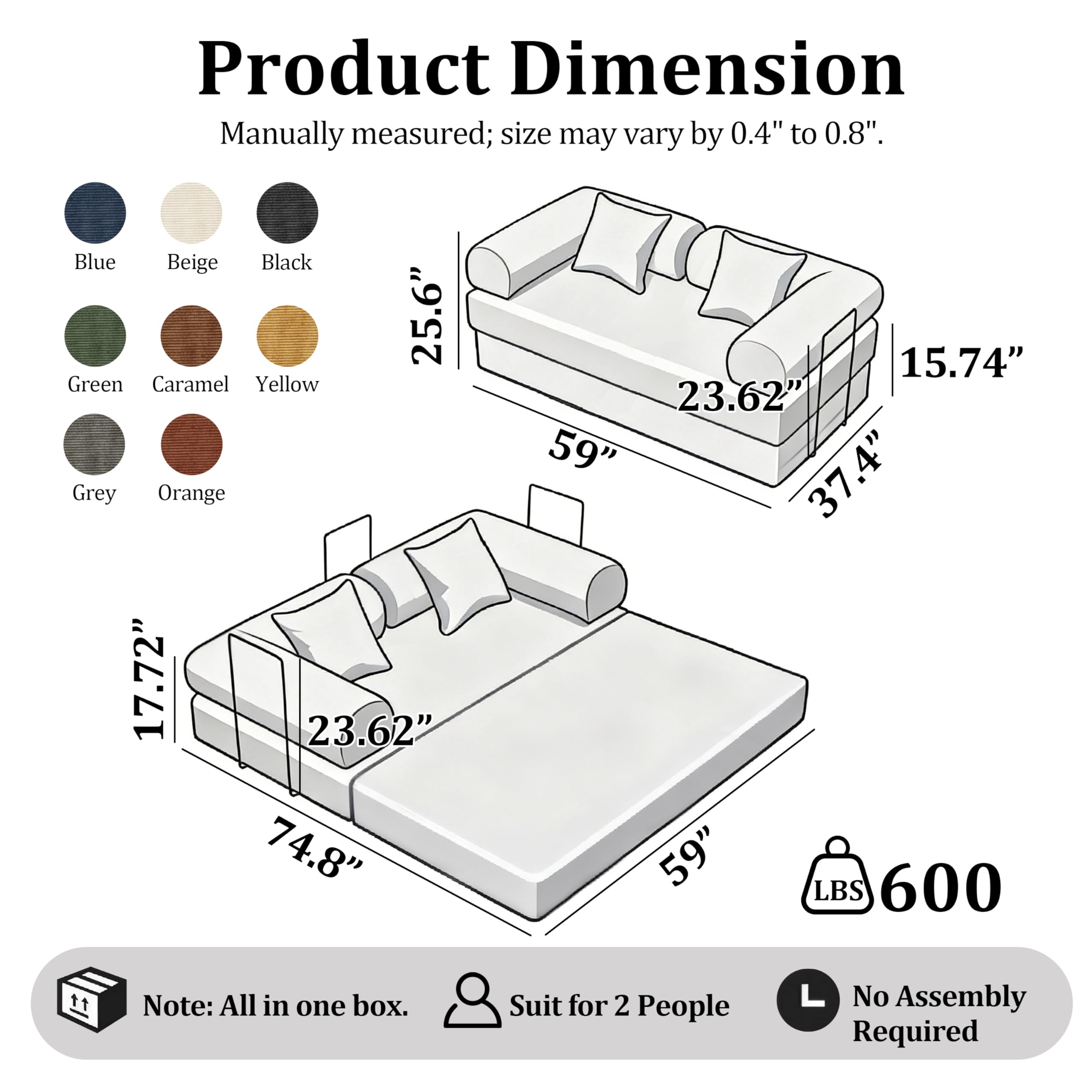 59'' Convertible Compressed Corduroy Folding Cloud Sofa Bed, Modern Boneless Pull Out Loveseat Sleeper in a Box, 4 in 1 Floor Mattress Futon Cloud Couch, No Assembly Needed, Green, 2 Pillows, Queen