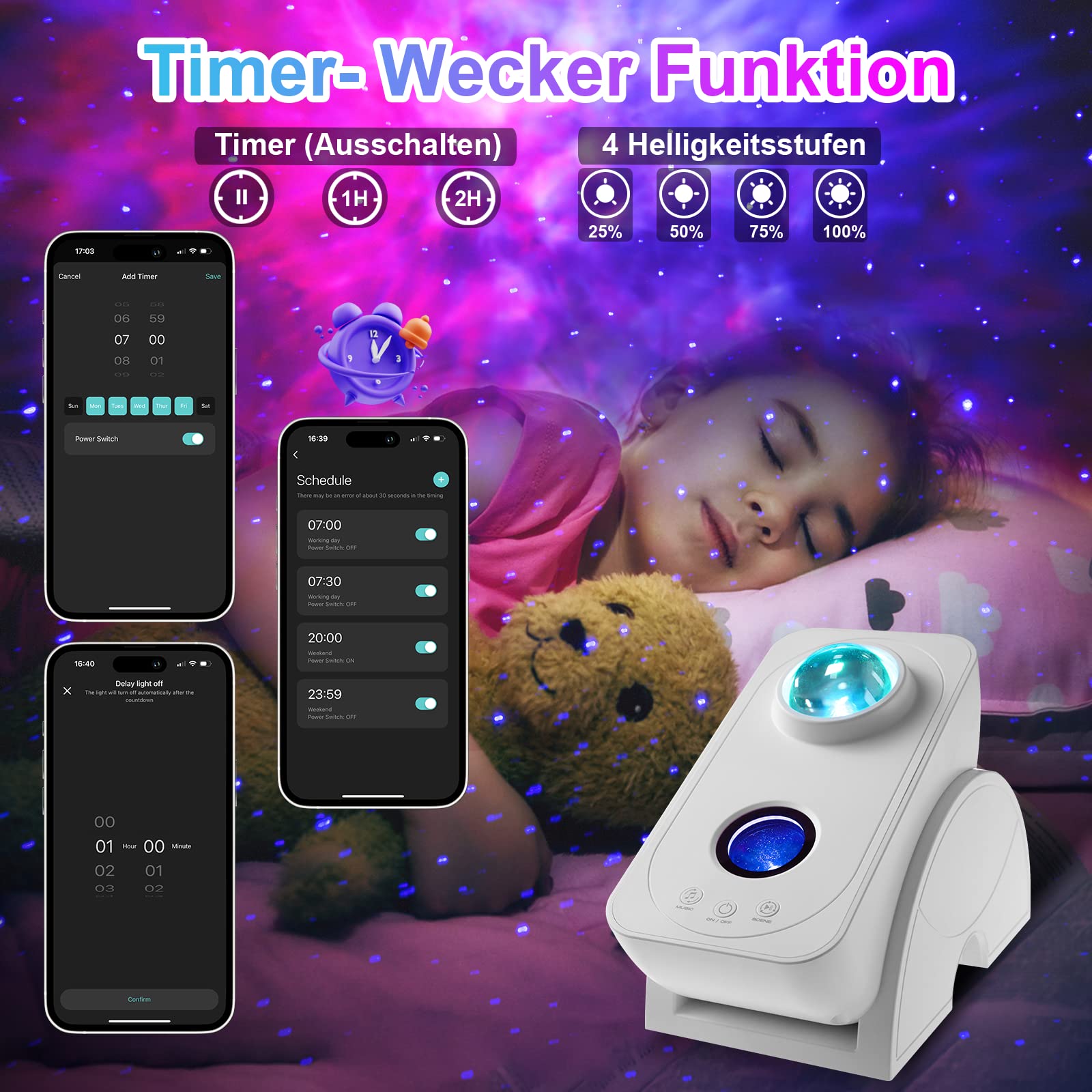 Blubbel LED Sternenhimmel Projektor, WLAN Sternenprojektor, 3D Galaxy Lampe Nachtlicht, App-/ Sprachsteuerung, Star Projector, Sternenlicht Galaxie, Alexa/Google kompatibel, Baby, Kinder, Schlafzimmer