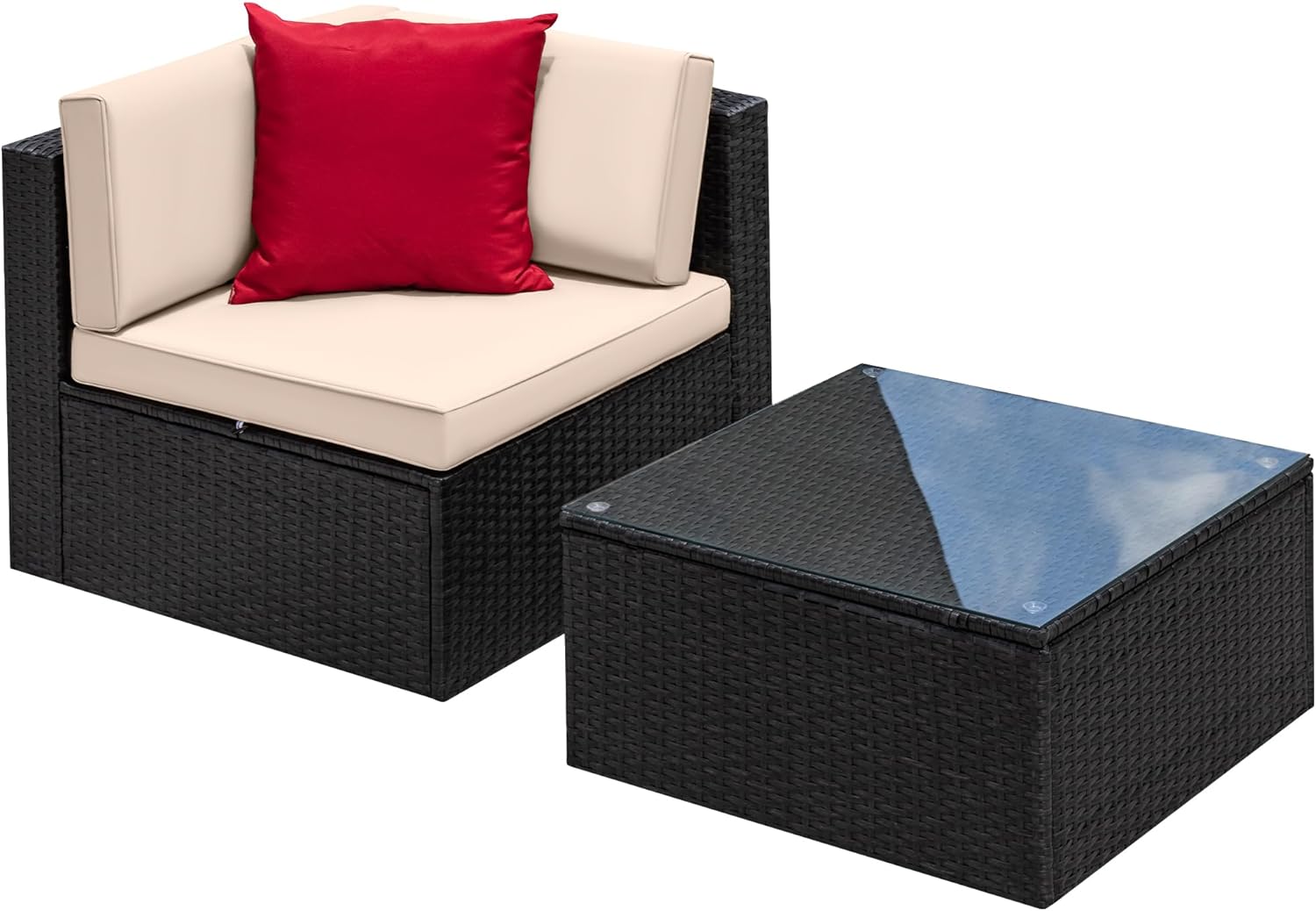 Devoko 2 Piece Patio Furniture Set, All Weather PE Rattan Outdoor Sofa Set Single Sofa with Table for Garden Lawn Poolside (2 Piece, Beige)