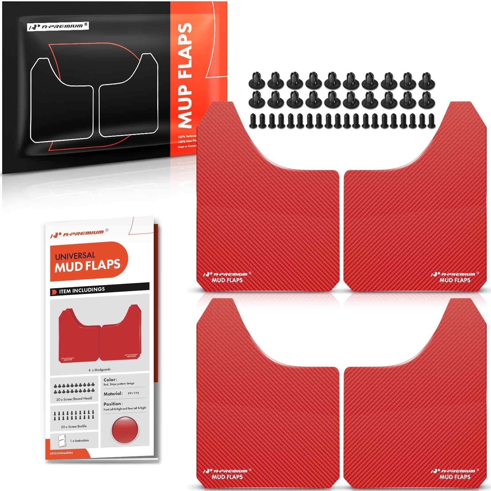 Universal Mud Flaps, 4 Pack Splash Guards for Truck Car Pickup SUV, Front & Rear Upgraded Mud Guards Includes Mounting Hardware, Drilling Required, Red