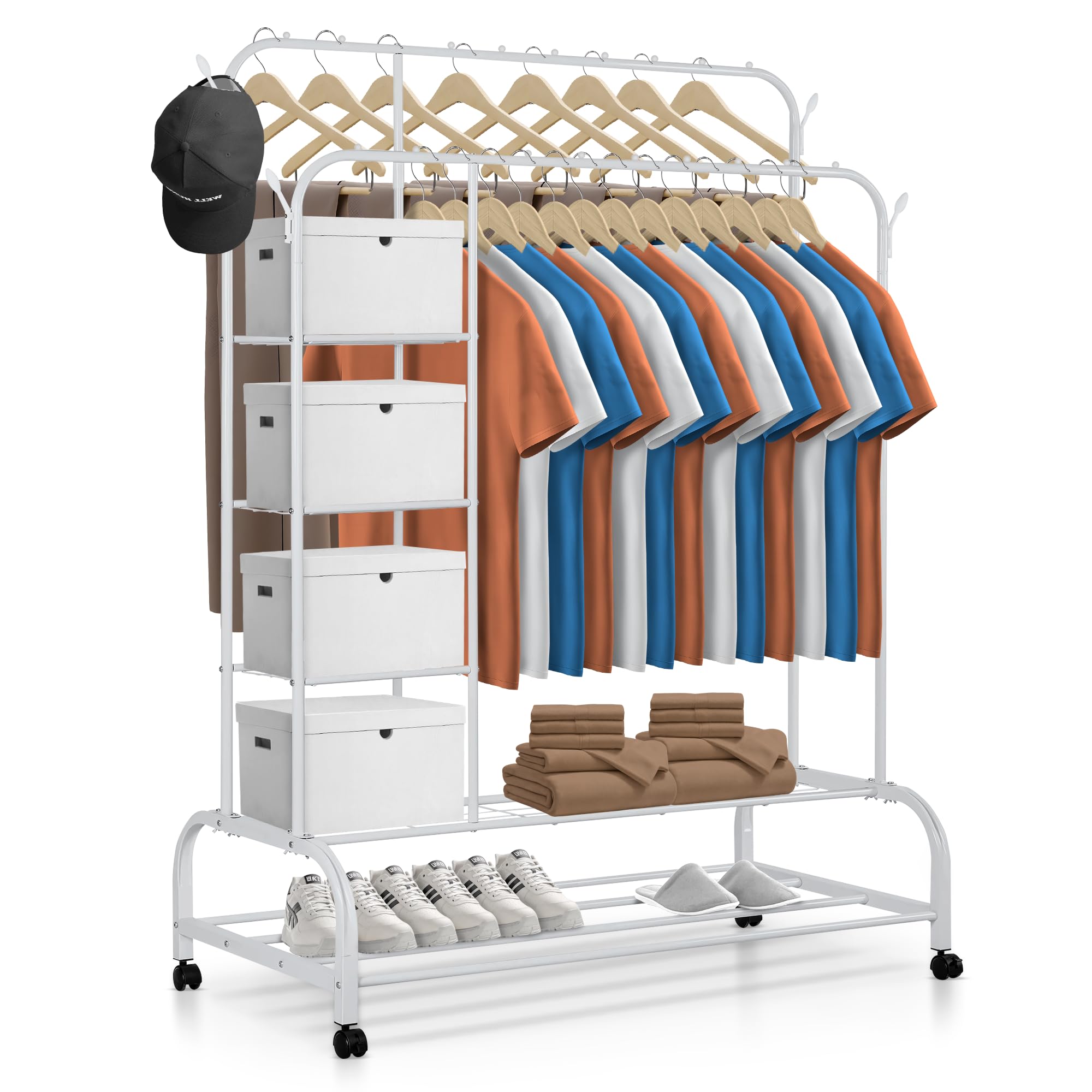 JUPPLIES Portant à Vêtements Solide à Roulettes avec 4 Étagères | Penderie Vetement Dressing sur Pieds | Charge Lourde | Rangement Chaussures