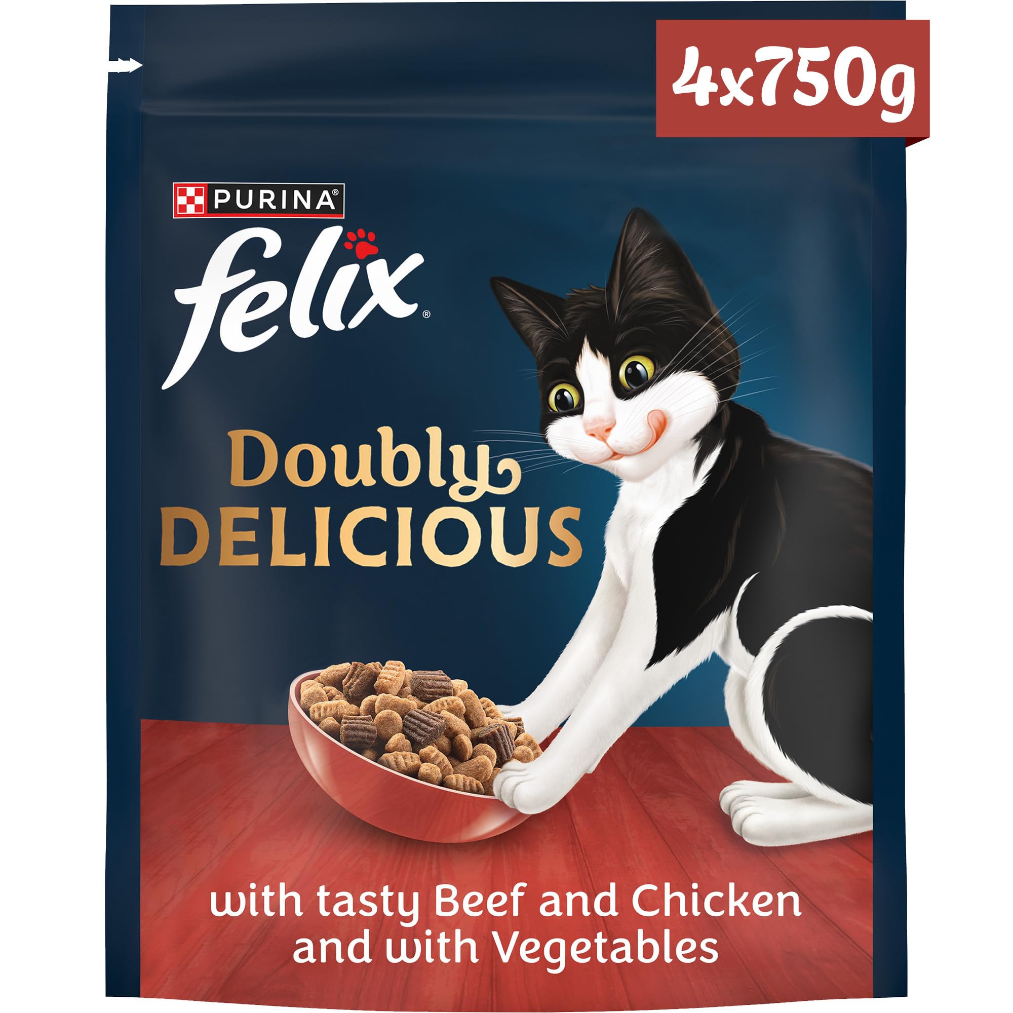 FELIX Doubly Delicious Beef, Chicken & Vegetables Dry Cat Food 750g (Pack of 4)