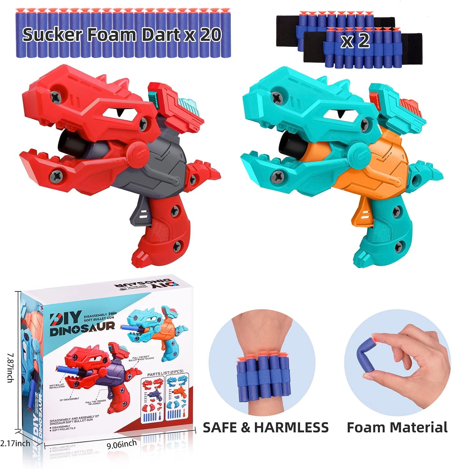 2 Pack Dinosaur Toys for 5 Year Old Boys, Outdoor Toys Dinosaur Toys for Kids 5-7 Boys Toys for 3 4 6 7 8 9 10 Years Old Girls Shooting Games for Kids Birthday Gifts Party with 20 Foam Bullets