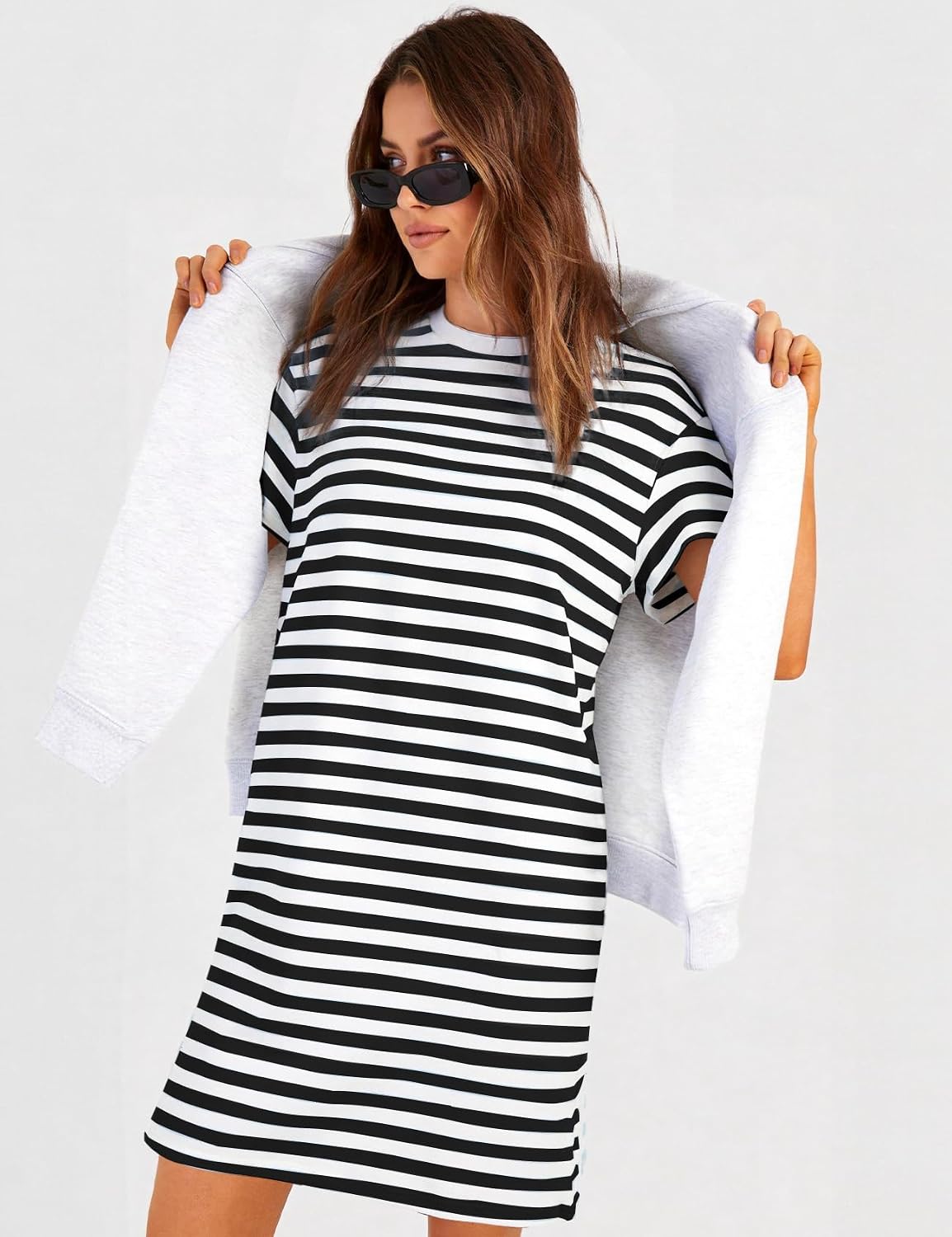Flygo Womens Summer T Shirt Dress Cotton Striped Short Sleeve Crewneck Mini Dresses Casual Shift Short Dress with Pockets