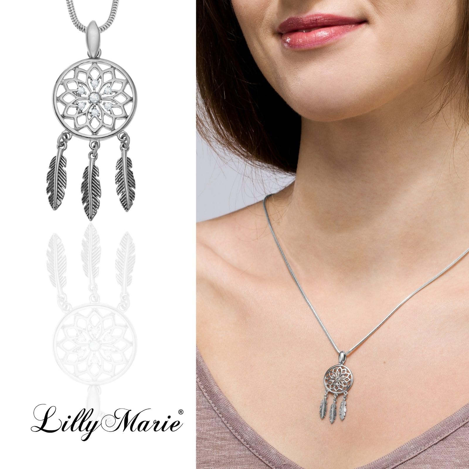 LillyMarie Collar Con Péndulo Atrapasueños De Plata De Primera Calidad Con Longitud Ajustable