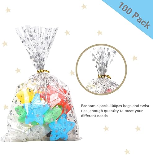 Miniatura 3 de COQOFA 100 bolsas de regalo de celofán con estampado de estrellas de 7 x 12 pulgadas, bolsas de regalo de celofán para fiestas, bolsas de plástico