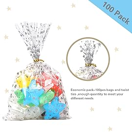 COQOFA 100 Pcs Star Printed 6X 10 Gift Wrap Cello Cellophane Treat Bags Party Favor bags Clear Candy Cookie Bags Plastic Poly Goodie Storage Bags with Twist Ties for Bakery,Birthday, Wedding ,Party Decorations (Silver)