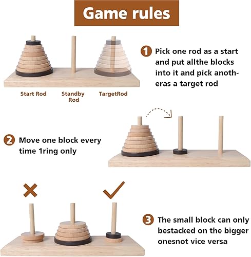 Miniatura 4 de Gothink Torre de madera de nueve pisos de Hanoi Lógica Puzzle Brain Teaser juguete intelectual para niños y adultos