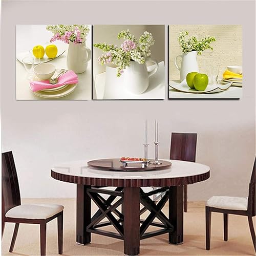 ZXMDP Florero de flores de frutas, vajilla, póster impreso en lienzo, lienzo, arte de pared, imagen, sala de estar, hogar, cocina, decoración
