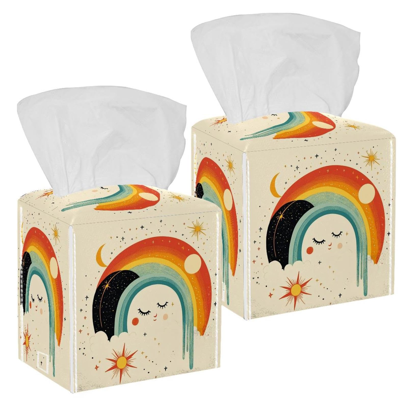Rainbow and Moon Tissue Box Cover, 2 Pack PU Leather Square Facial Tissue Dispenser Box holder for Home Office Car