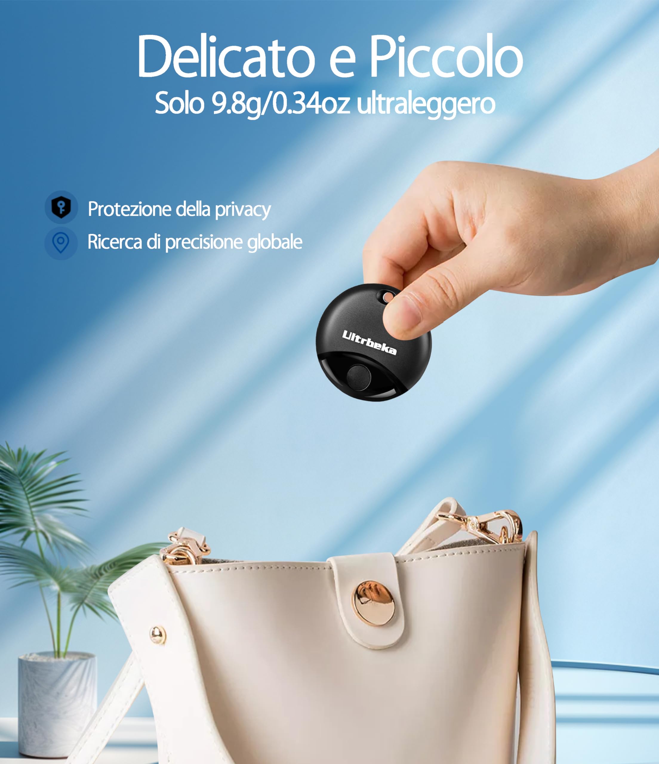 Ultrbeka Air Tag Localizzatore, Tracker Tags 2 pezzi, Compatibile con Apple Dov'è (solo iOS), Trova Oggetti e Chiavi, Bagagli, Valigie, Impermeabile IP67, Batteria Sostituibile(Non supporta Android)