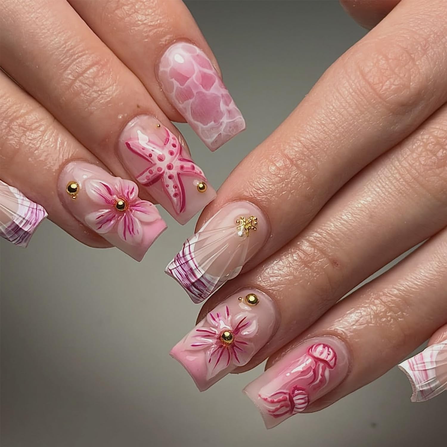 Pink Flower Medium Square Fake Nails - Summer Beach Design