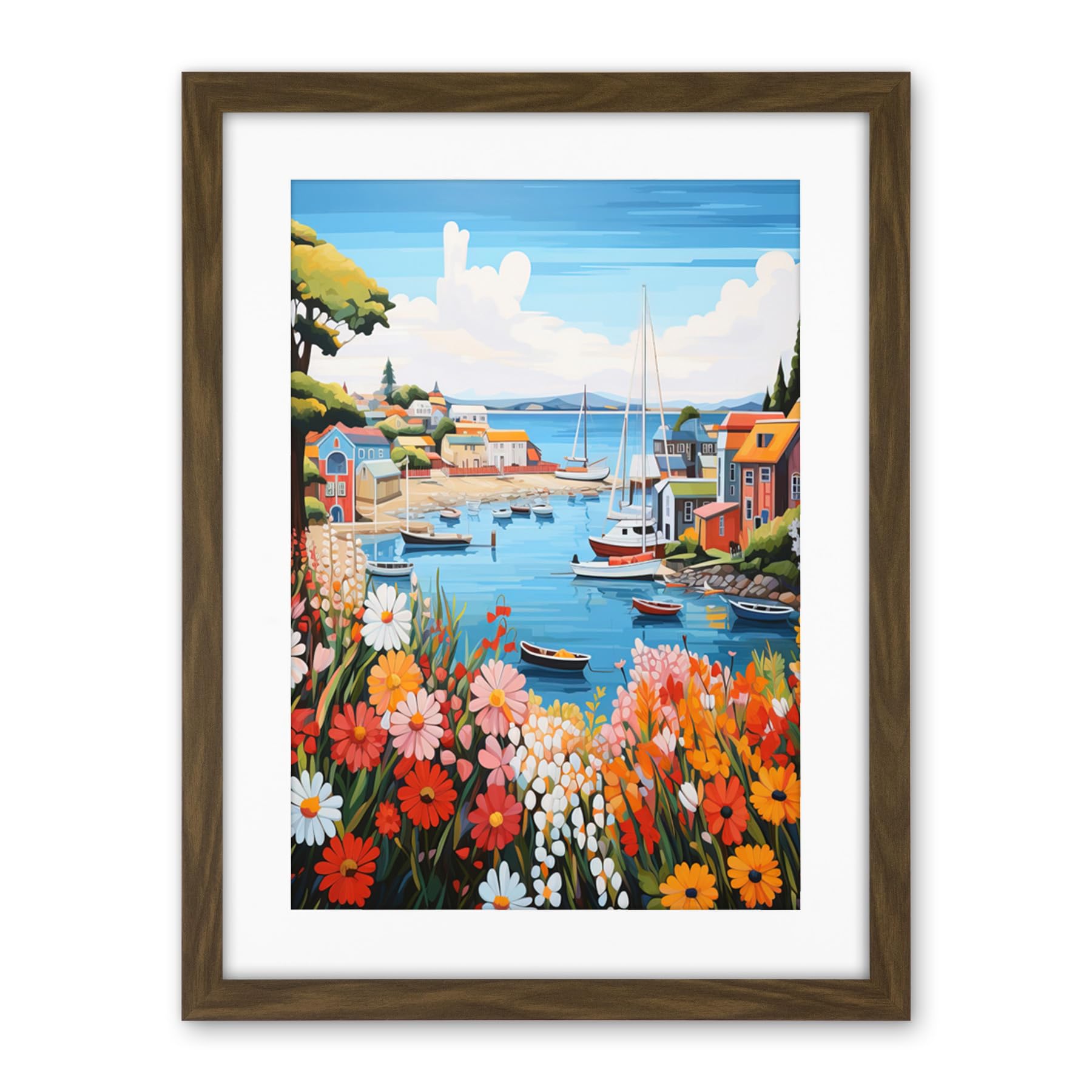 Artery8 Idyllic Scenic Seaside Fishing Village Bright Oil Painting Orange Pink Blue Bathroom Floral Artwork Harbor Bay Boats Coastal Landscape Artwork Framed Wall Art Print 18X24 Inch