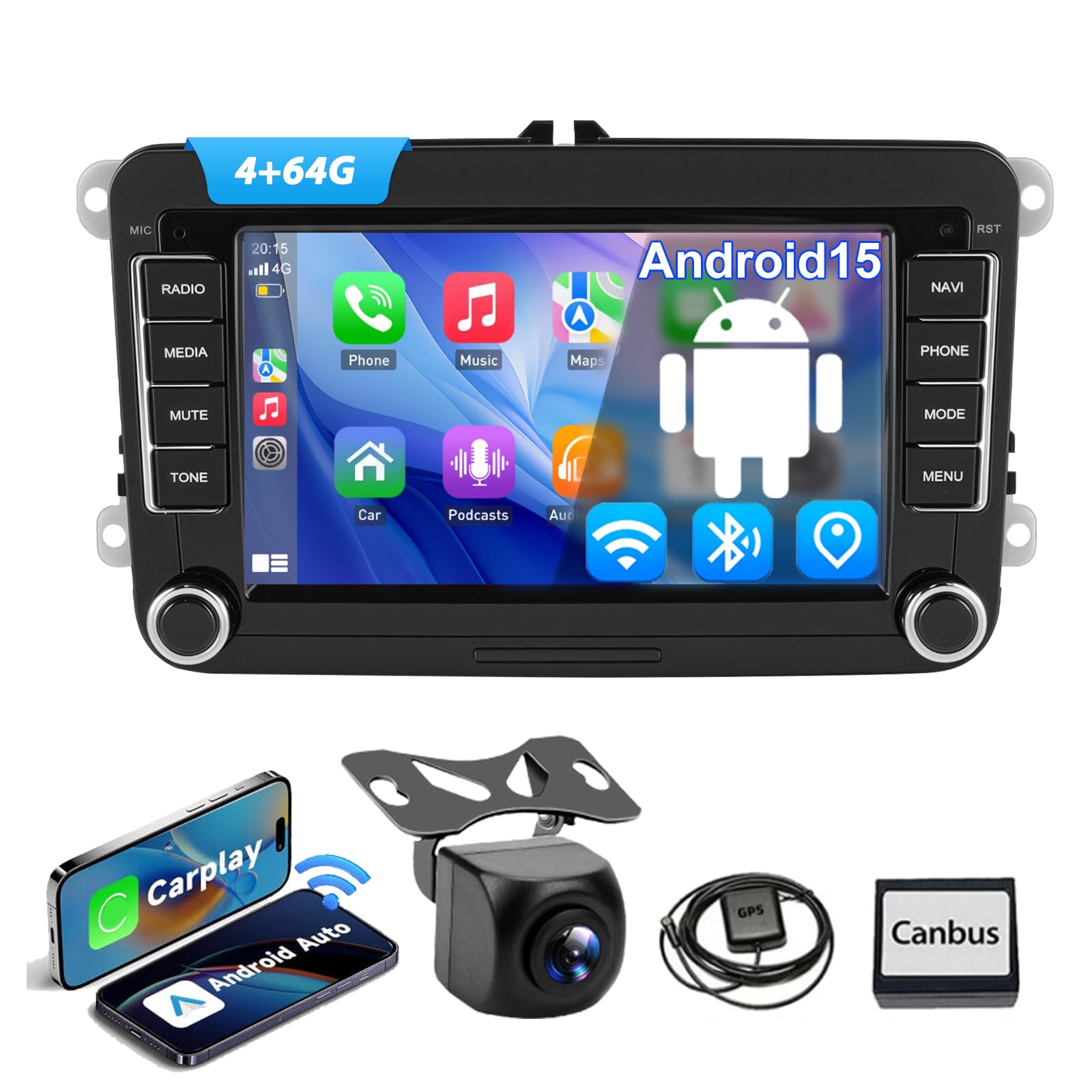 ESSGOO True 4+64G Android15 Autoradio mit Wireless Carplay und Android Auto | Für VW Golf 5 6 Polo Passat Caddy Touran B6 Tiguan Seat,7 zoll Touchdisplay Bluetooth GPS Navi WiFi FM/AM RDS SWC Mirror Link