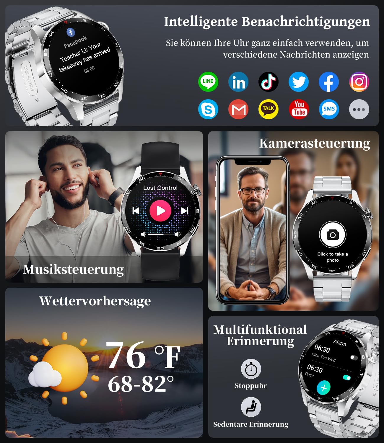 LIGE Smartwatch voor heren, met telefoonfunctie en spraakassistentie, 1,43 inch AMOLED-display, smart watch met hartslagfrequentie, fitnessfuncties, 109 sportmodi, fitnesshorloge voor Android iOS, 2