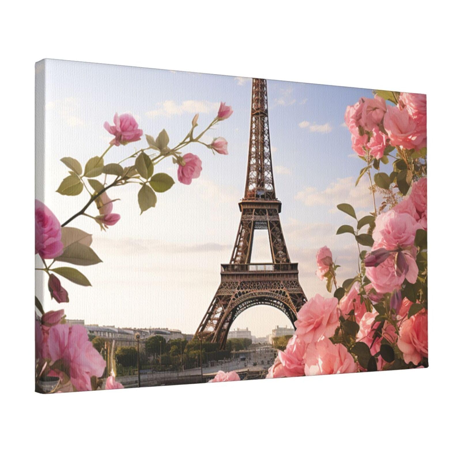 Canvas Wall Art for Living Room Wall Decor 12"x18" Modern Artwork Painting Pictures Hanging Canvas Prints Eiffel Tower Spring Flowers Aesthetic Wall Art for Bedroom Bathroom Office Wallart Decor