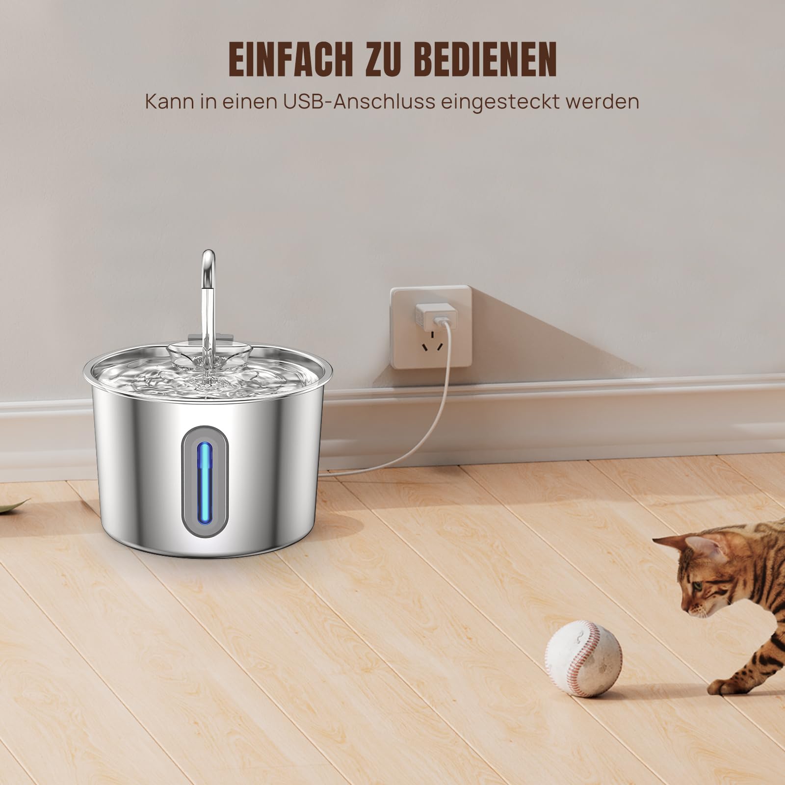 Fuente para gatos de acero inoxidable para gatos, fuente de agua para gatos, 2,2 l, fuente de agua súper silenciosa para perros, mantiene el agua fresca, con 2 filtros de carbón + 1 esponja