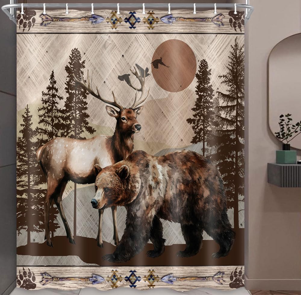 Rustic Shower Curtain Retro Country Cabin Forest Bear Deer Wildlife Bathroom Curtain Farmhouse Camper Hunting Camping Waterproof Shower Curtain with Hooks 71X84inch