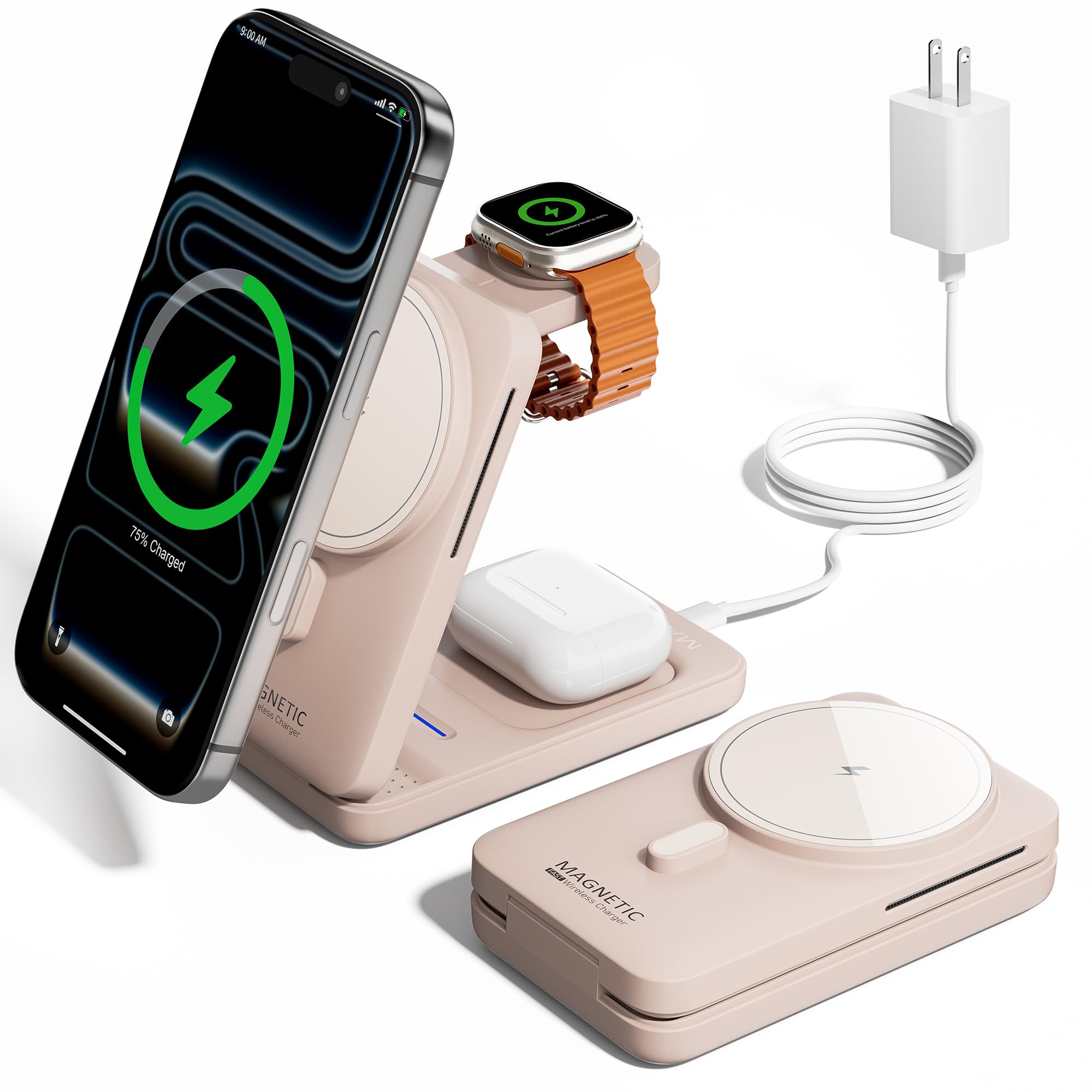 KPON Estación de carga plegable 3 en 1 para Magsafe, cargador de teléfono de viaje y reloj para dispositivos Apple, base de carga inalámbrica para iPhone 17 16 15 14 13 12 Series/Apple Watch/Airpods