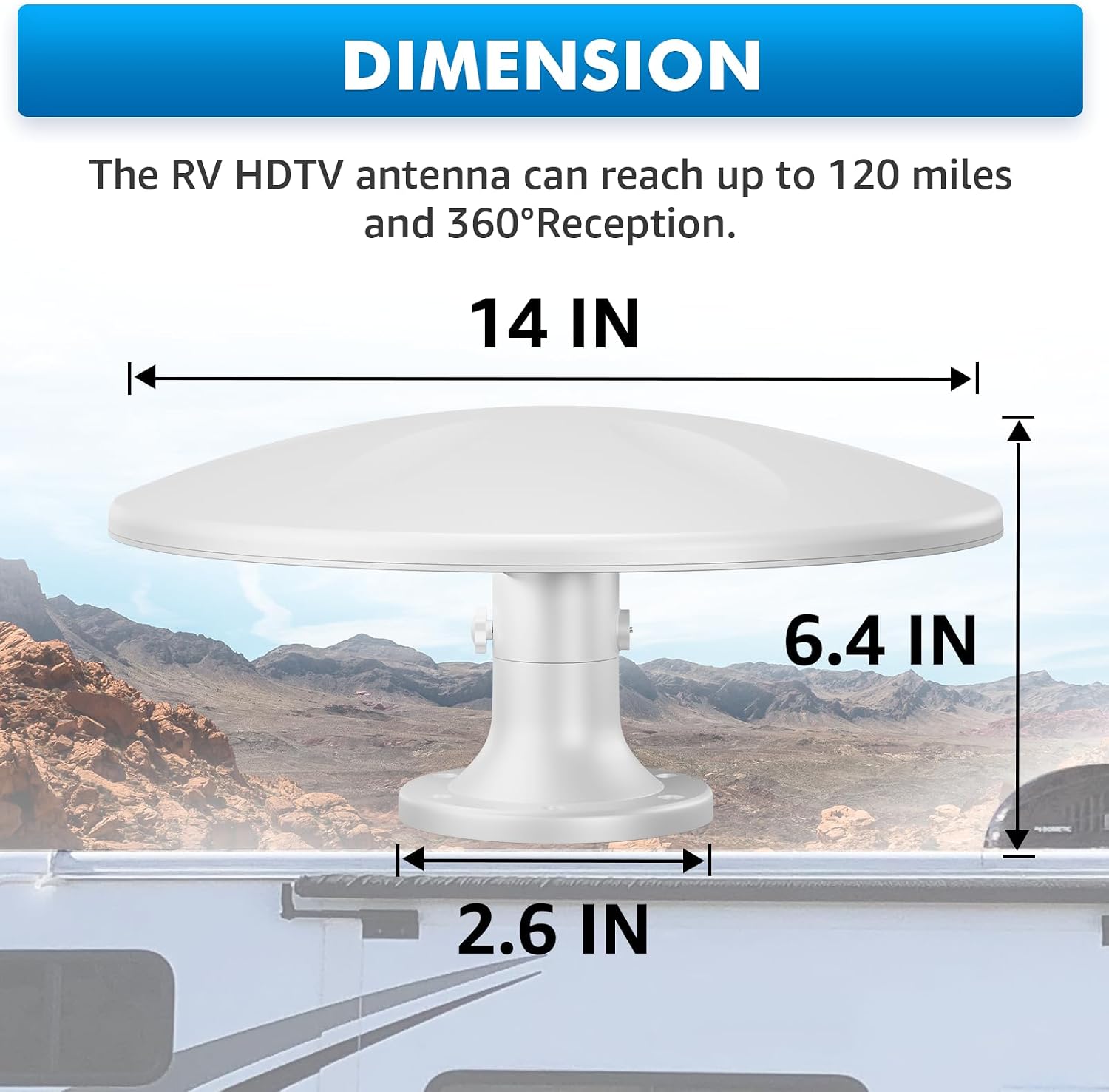 Outdoor Rv Tv Antenna for Camper, 360° Omni-Directional Reception Digital RV Antenna Roof Mount for Smart TV for Local Channels, 4K HD, Long Range, 16FT Cable, UHF/VHF